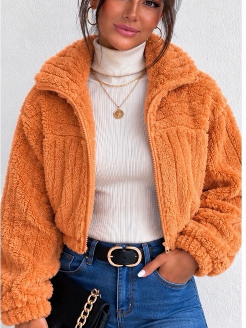LE LIS Orange Fuzzy Cropped Zip Jacket Y2K Statement Coat